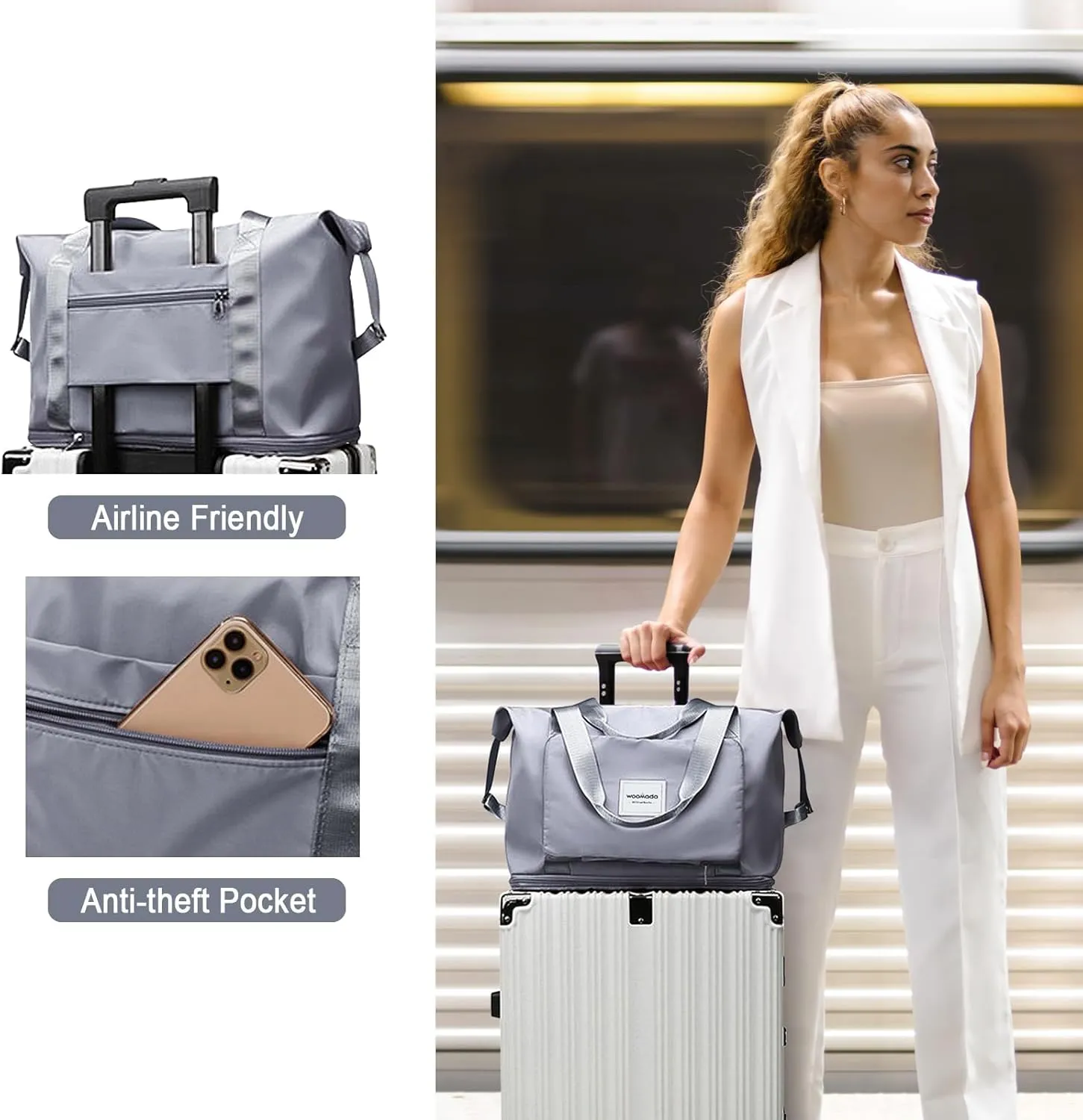 WOOMADA Foldable Travel Duffel, Weekender & Carry-On Bag with Expandable Space