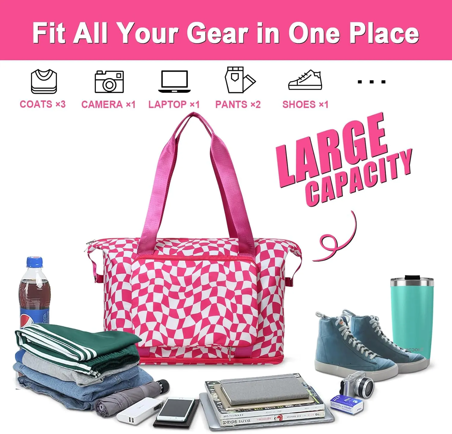 WOOMADA Foldable Travel Duffel, Weekender & Carry-On Bag with Expandable Space