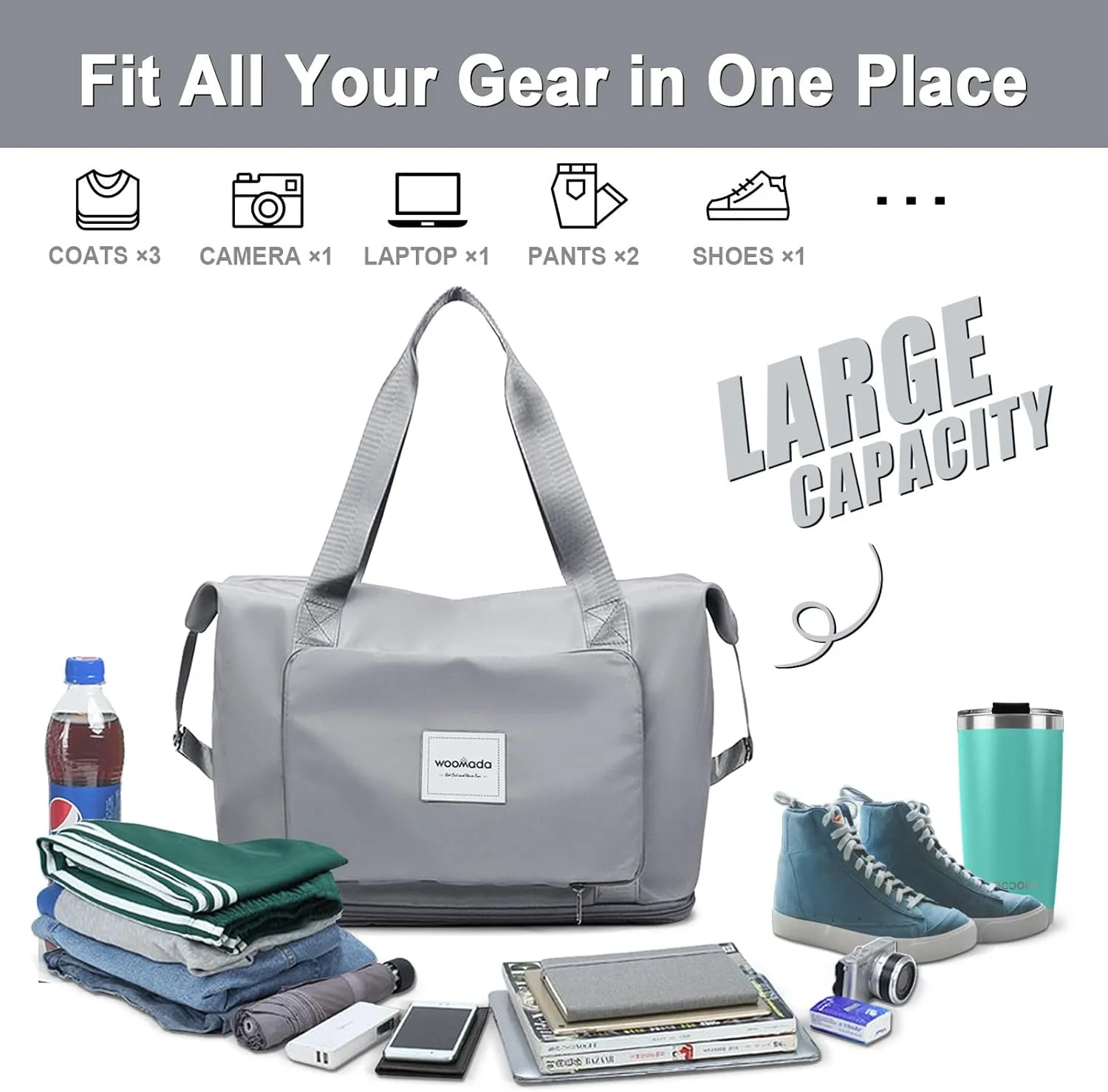 WOOMADA Foldable Travel Duffel, Weekender & Carry-On Bag with Expandable Space