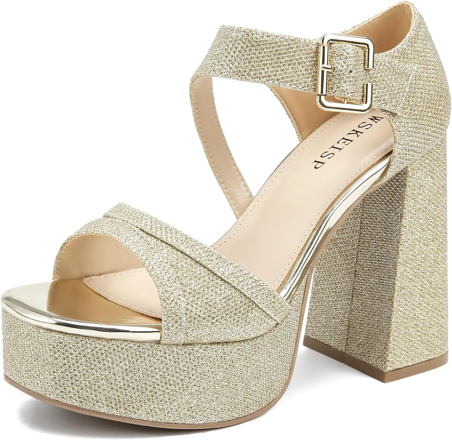WSKEISP Platform Chunky Heels for Women Trendy Square Toe Heeled Sandals Black White Pink Silver Gold High Heels Ankle Strap Party Wedding Dress Pumps