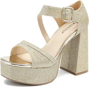 WSKEISP Platform Chunky Heels for Women Trendy Square Toe Heeled Sandals Black White Pink Silver Gold High Heels Ankle Strap Party Wedding Dress Pumps
