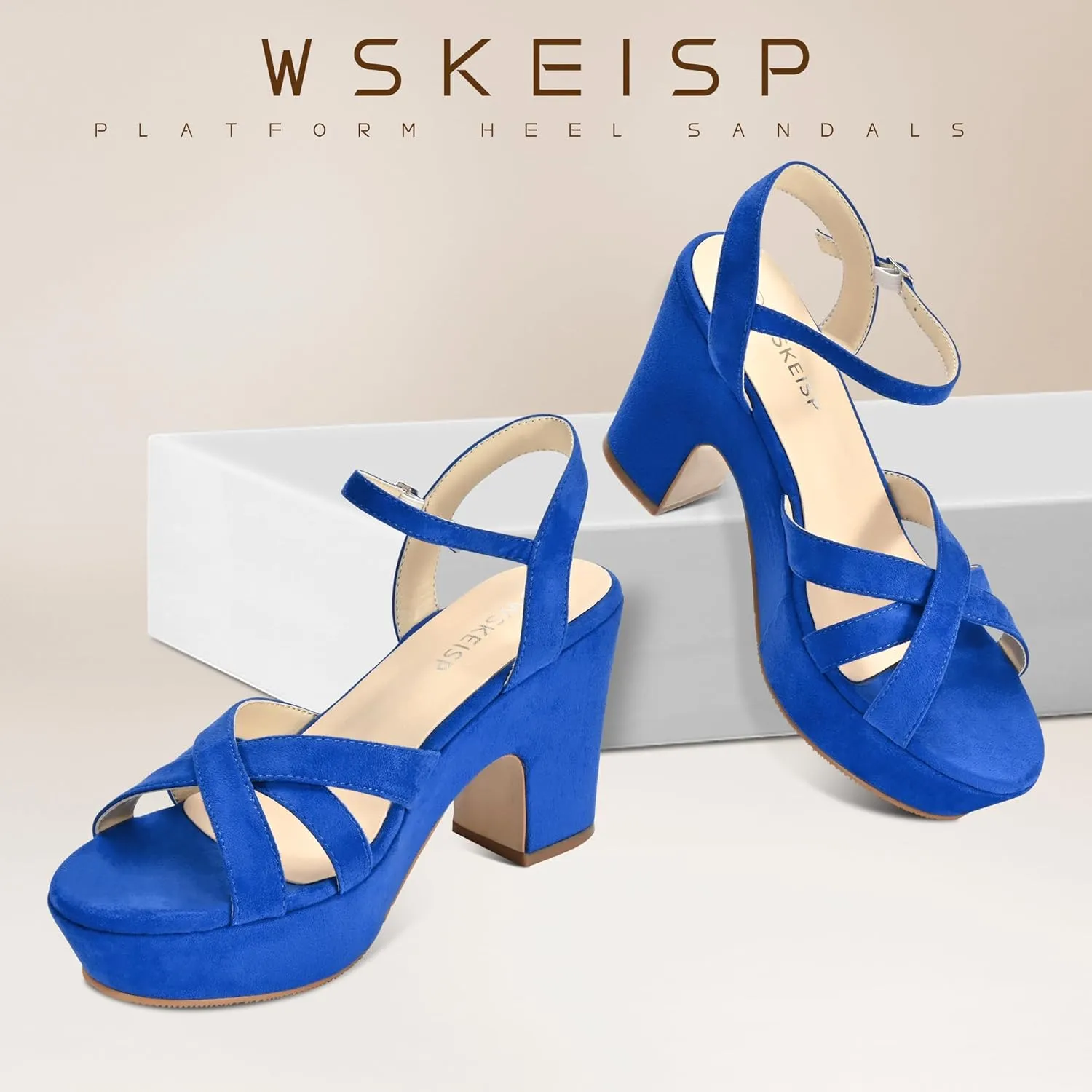 WSKEISP Women's Platform Heels Sandals Ankle Strap Block Chunky Heel Suede Peep Toe Fashion Dress Wedding High Heeled Wedges Pumps