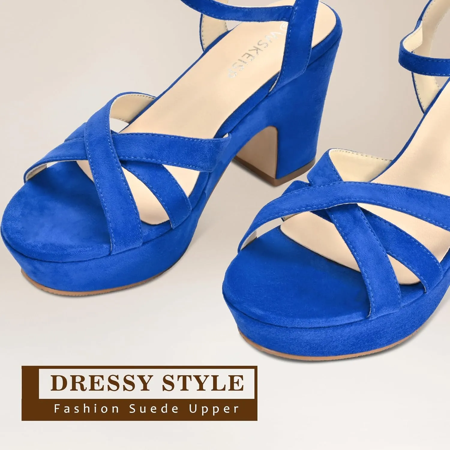 WSKEISP Women's Platform Heels Sandals Ankle Strap Block Chunky Heel Suede Peep Toe Fashion Dress Wedding High Heeled Wedges Pumps