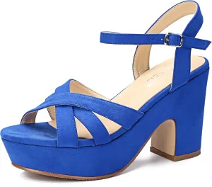 WSKEISP Women's Platform Heels Sandals Ankle Strap Block Chunky Heel Suede Peep Toe Fashion Dress Wedding High Heeled Wedges Pumps