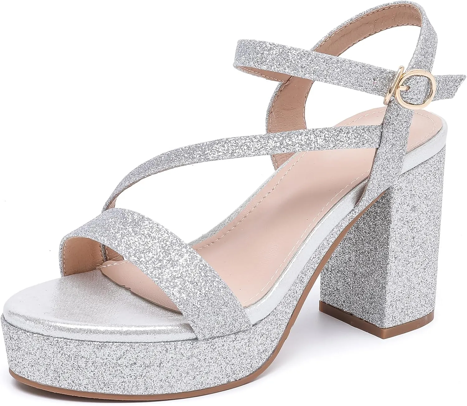 WUIWUIYU Women's Girls' Platform Heels High Block Chunky Heel Open Toe Ankle Strap Shiny Heeled Sandals Wedding Party Evening Prom Dance Dress Sandals
