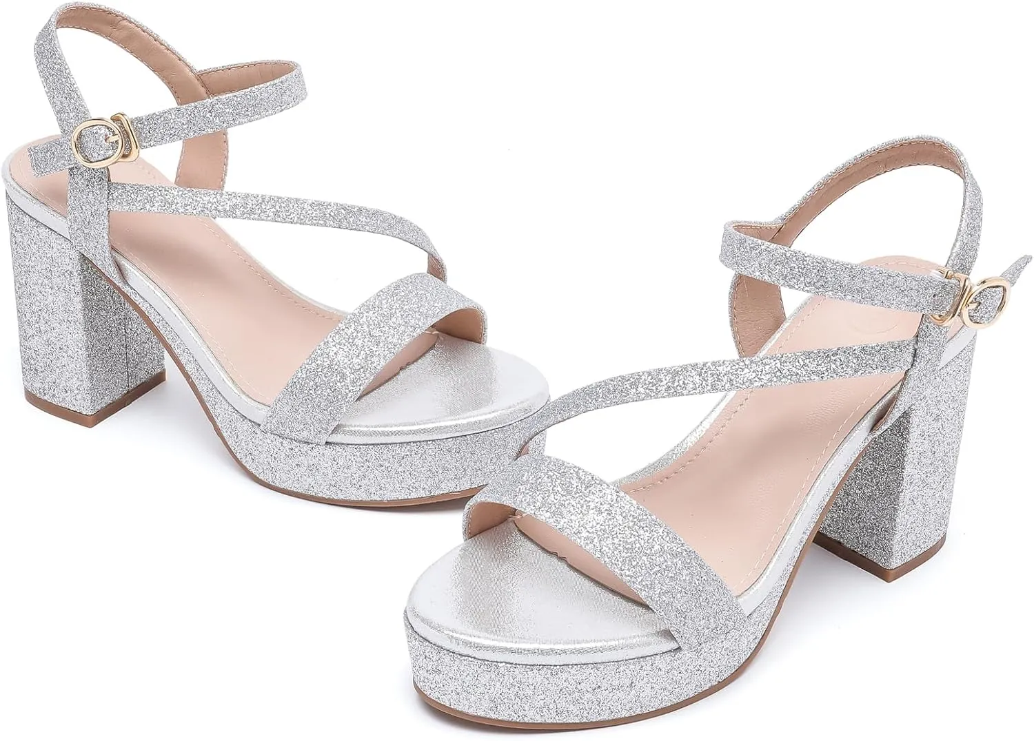 WUIWUIYU Women's Girls' Platform Heels High Block Chunky Heel Open Toe Ankle Strap Shiny Heeled Sandals Wedding Party Evening Prom Dance Dress Sandals