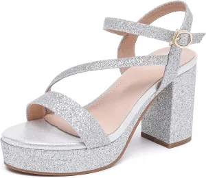 WUIWUIYU Women's Girls' Platform Heels High Block Chunky Heel Open Toe Ankle Strap Shiny Heeled Sandals Wedding Party Evening Prom Dance Dress Sandals