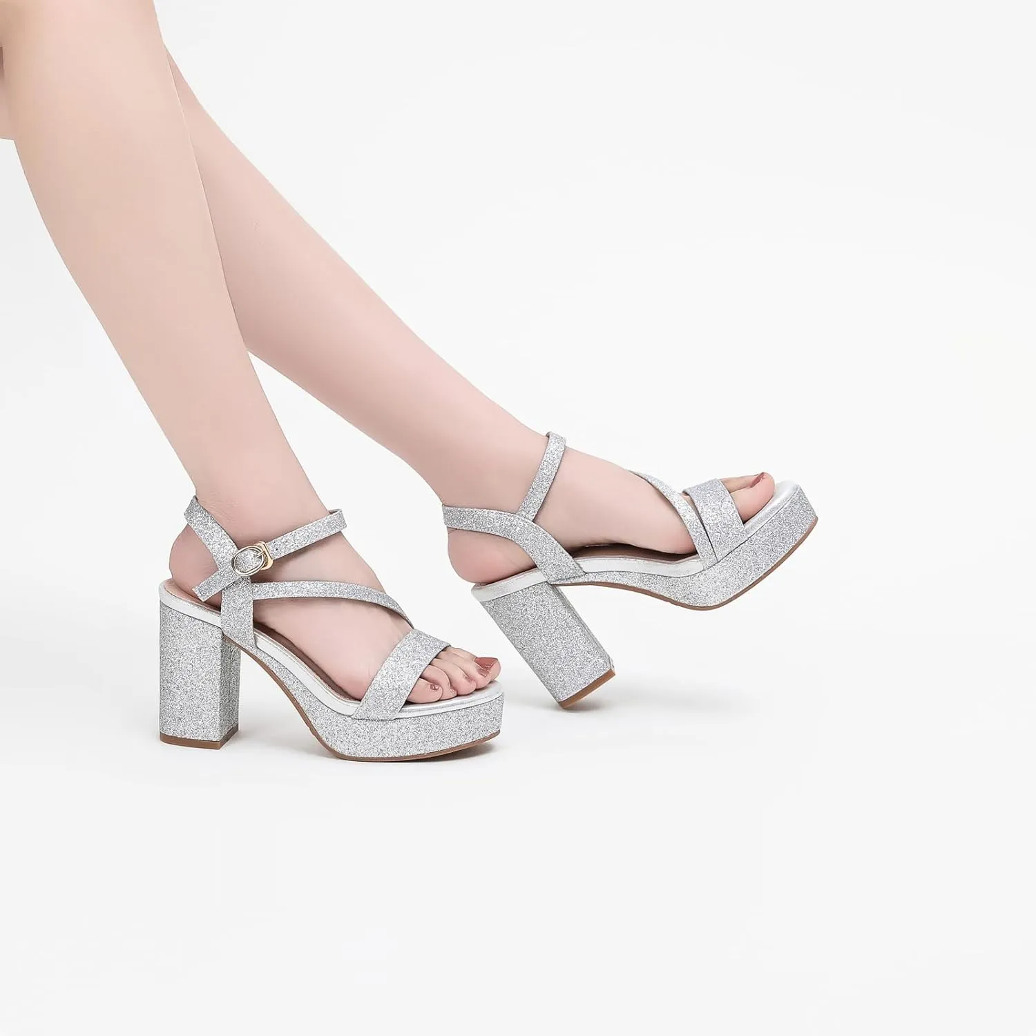 WUIWUIYU Women's Girls' Platform Heels High Block Chunky Heel Open Toe Ankle Strap Shiny Heeled Sandals Wedding Party Evening Prom Dance Dress Sandals