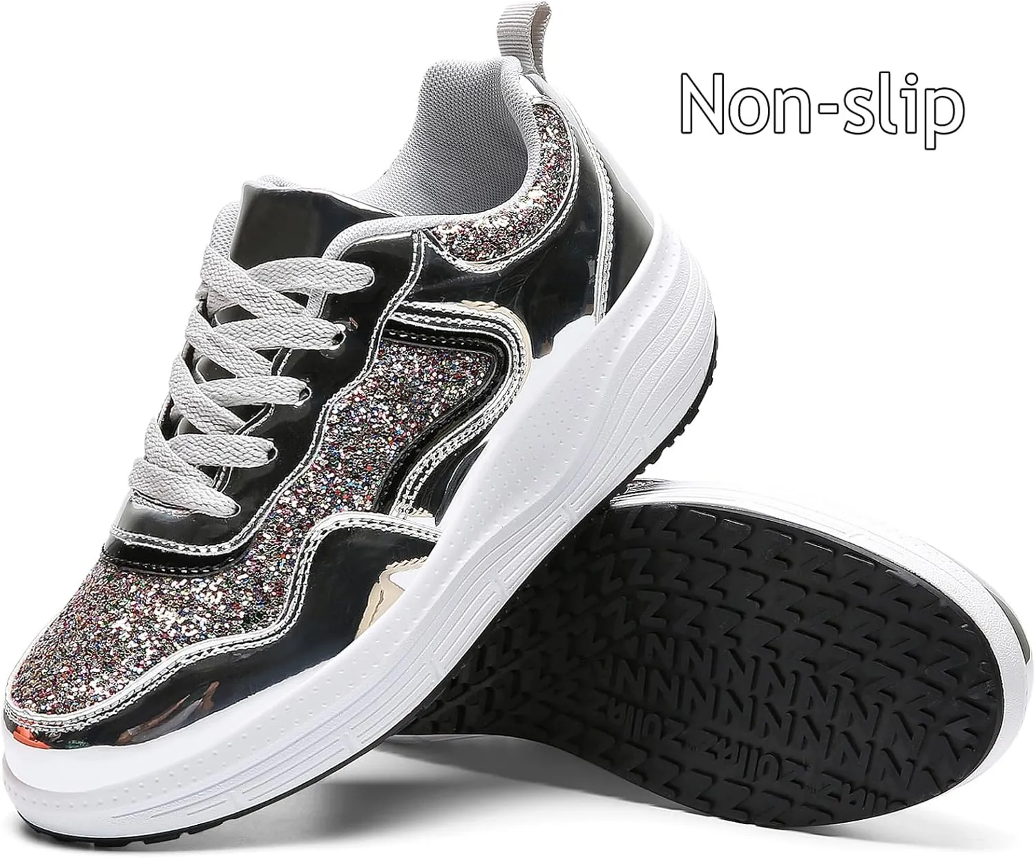WUIWUIYU Women's Girls' Wedge Platform Shiny PU Sparkly Sequins Glitter Lace-Up Sneakers Street Dance Shoes