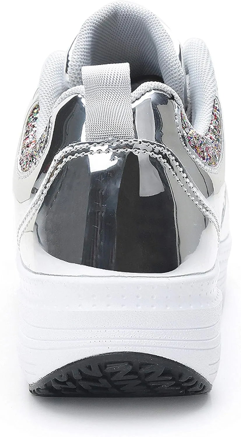 WUIWUIYU Women's Girls' Wedge Platform Shiny PU Sparkly Sequins Glitter Lace-Up Sneakers Street Dance Shoes