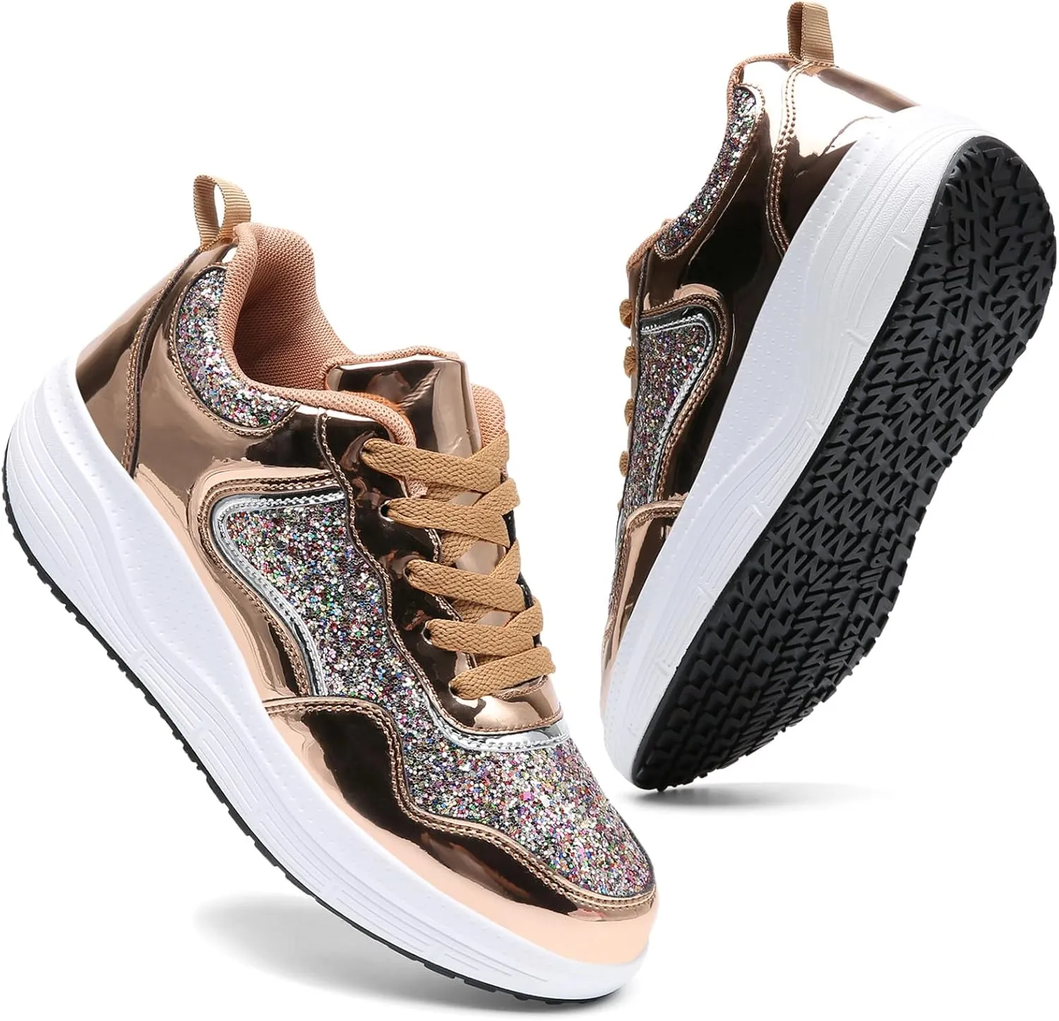 WUIWUIYU Women's Girls' Wedge Platform Shiny PU Sparkly Sequins Glitter Lace-Up Sneakers Street Dance Shoes