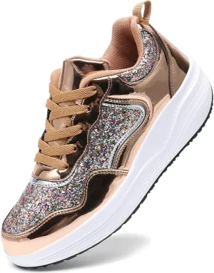 WUIWUIYU Women's Girls' Wedge Platform Shiny PU Sparkly Sequins Glitter Lace-Up Sneakers Street Dance Shoes