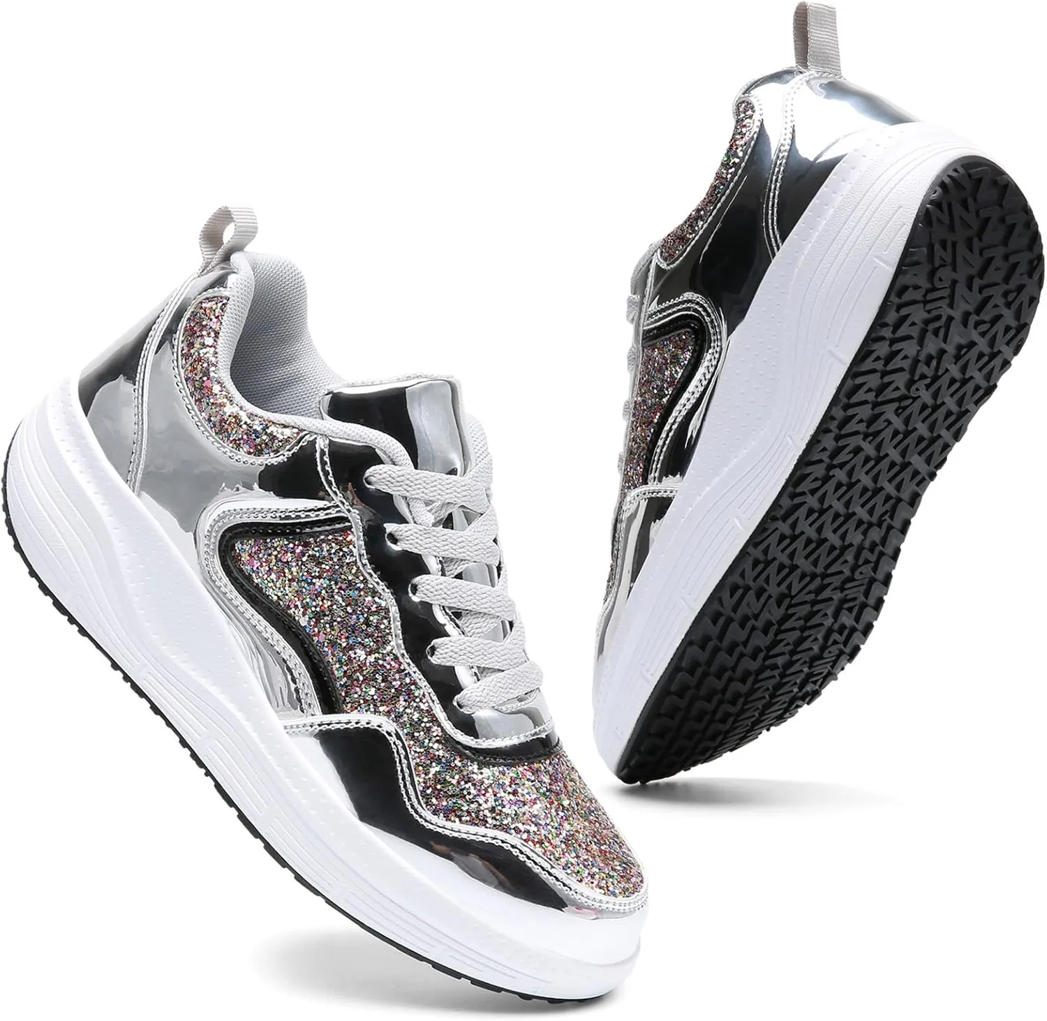 WUIWUIYU Women's Girls' Wedge Platform Shiny PU Sparkly Sequins Glitter Lace-Up Sneakers Street Dance Shoes