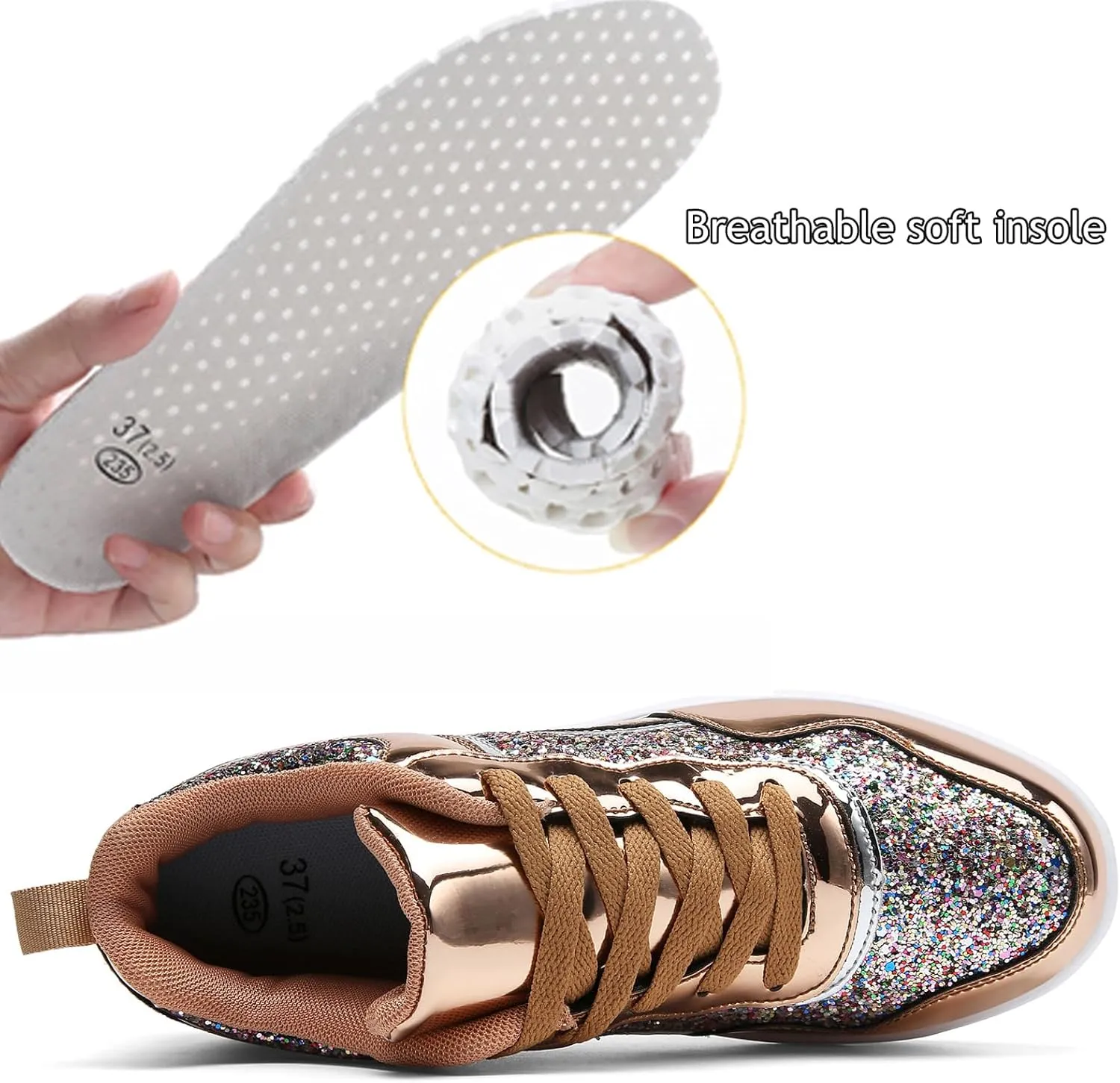 WUIWUIYU Women's Girls' Wedge Platform Shiny PU Sparkly Sequins Glitter Lace-Up Sneakers Street Dance Shoes
