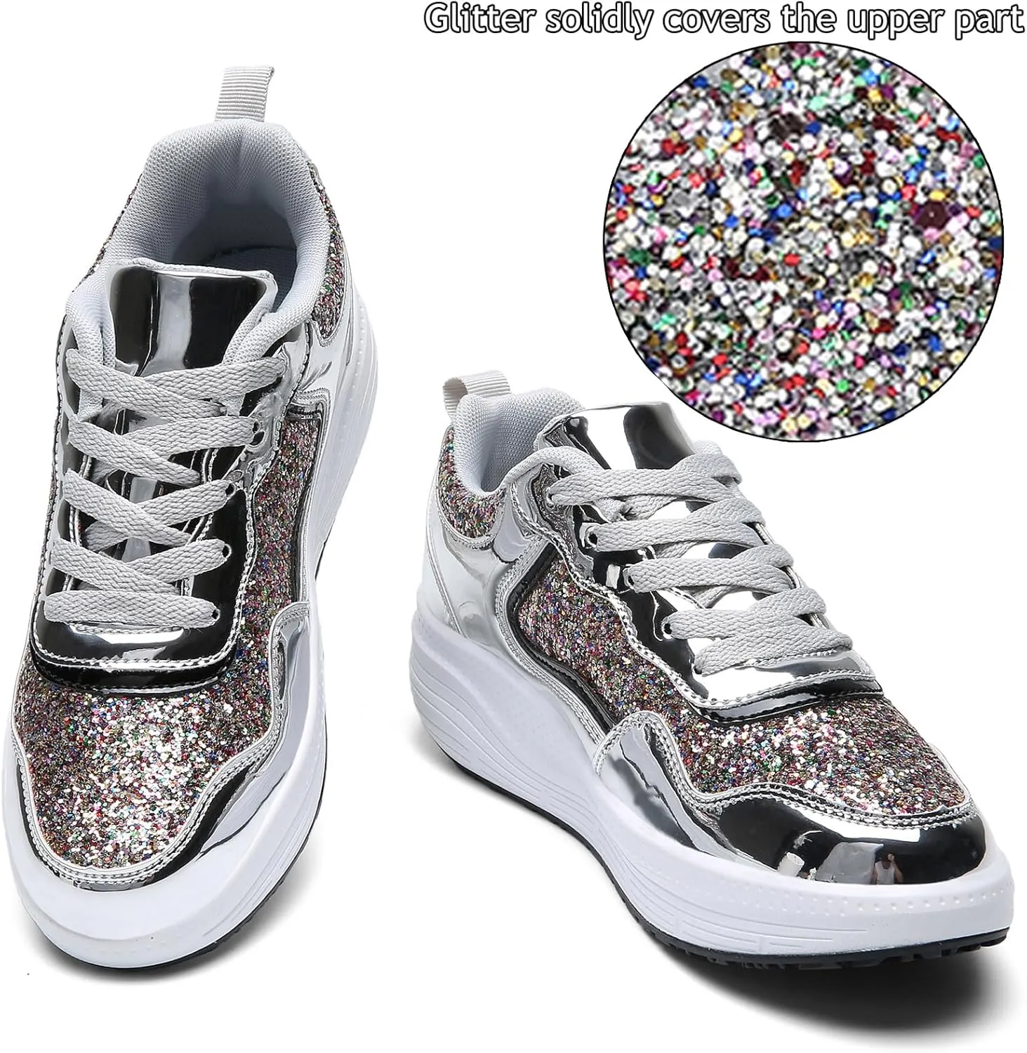 WUIWUIYU Women's Girls' Wedge Platform Shiny PU Sparkly Sequins Glitter Lace-Up Sneakers Street Dance Shoes