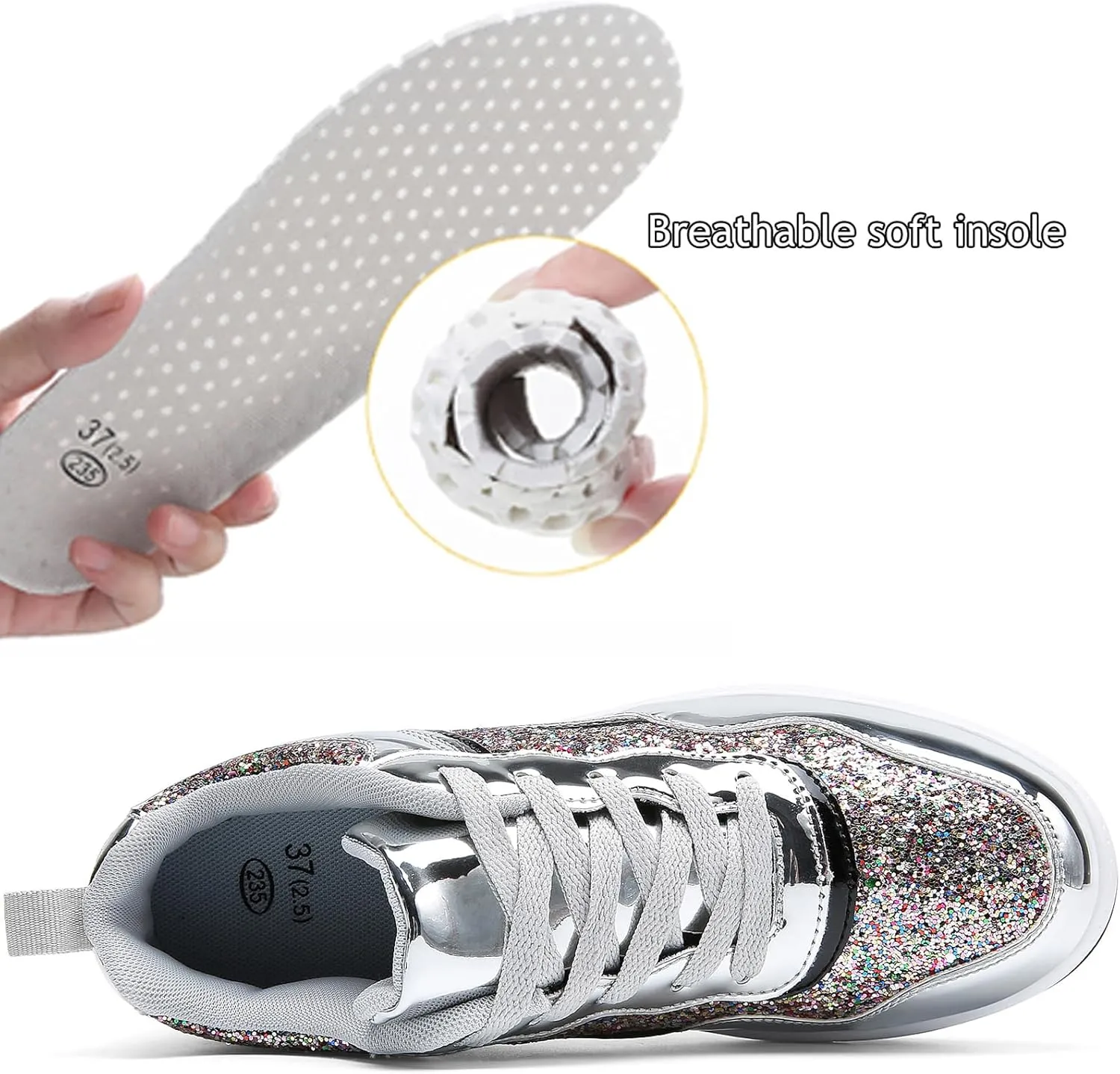 WUIWUIYU Women's Girls' Wedge Platform Shiny PU Sparkly Sequins Glitter Lace-Up Sneakers Street Dance Shoes