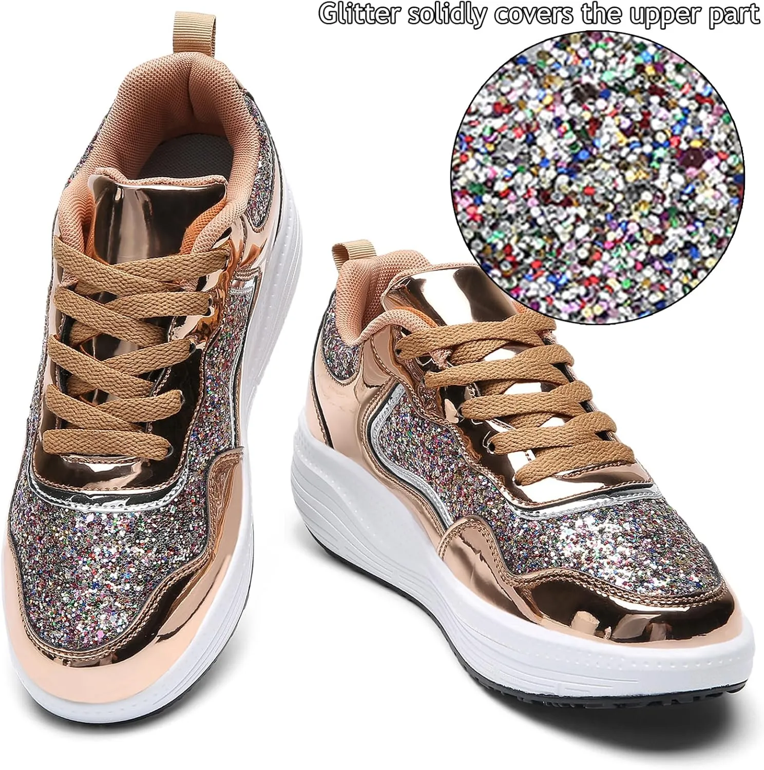 WUIWUIYU Women's Girls' Wedge Platform Shiny PU Sparkly Sequins Glitter Lace-Up Sneakers Street Dance Shoes