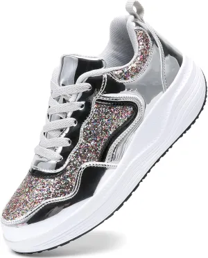 WUIWUIYU Women's Girls' Wedge Platform Shiny PU Sparkly Sequins Glitter Lace-Up Sneakers Street Dance Shoes
