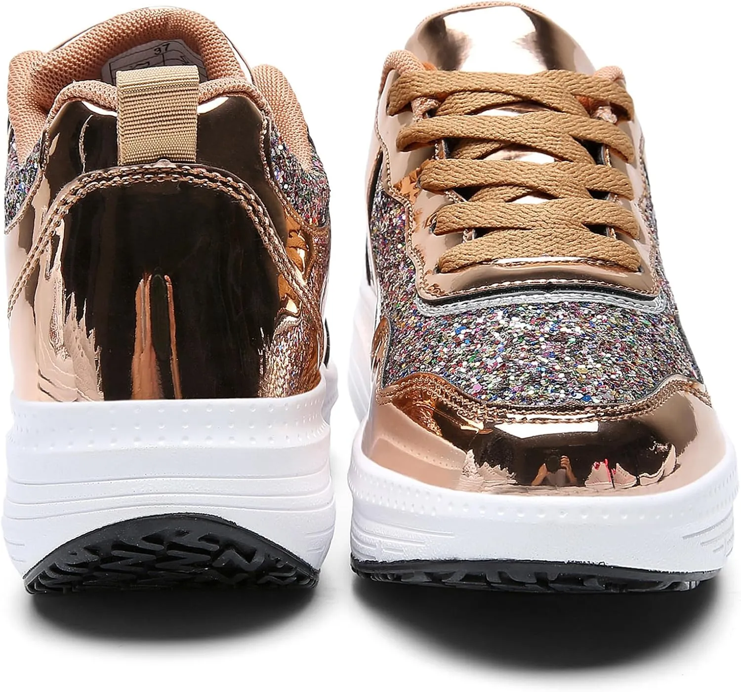 WUIWUIYU Women's Girls' Wedge Platform Shiny PU Sparkly Sequins Glitter Lace-Up Sneakers Street Dance Shoes