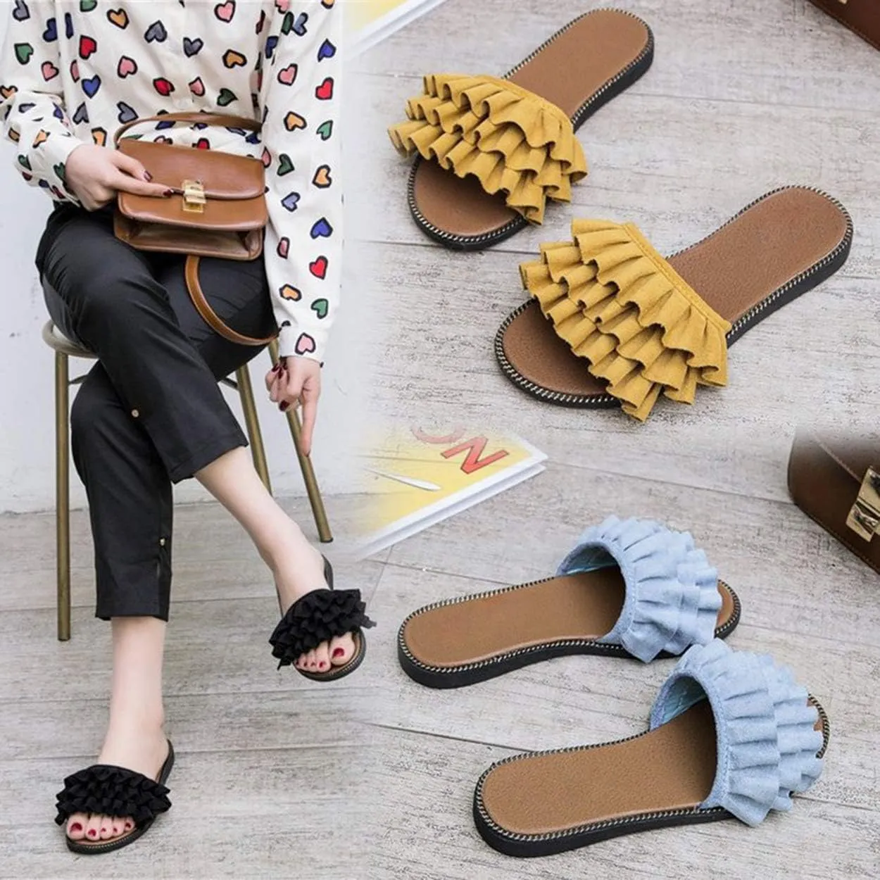 xsby Womens Soft Open Toe Slip on Flat Slide Sandals