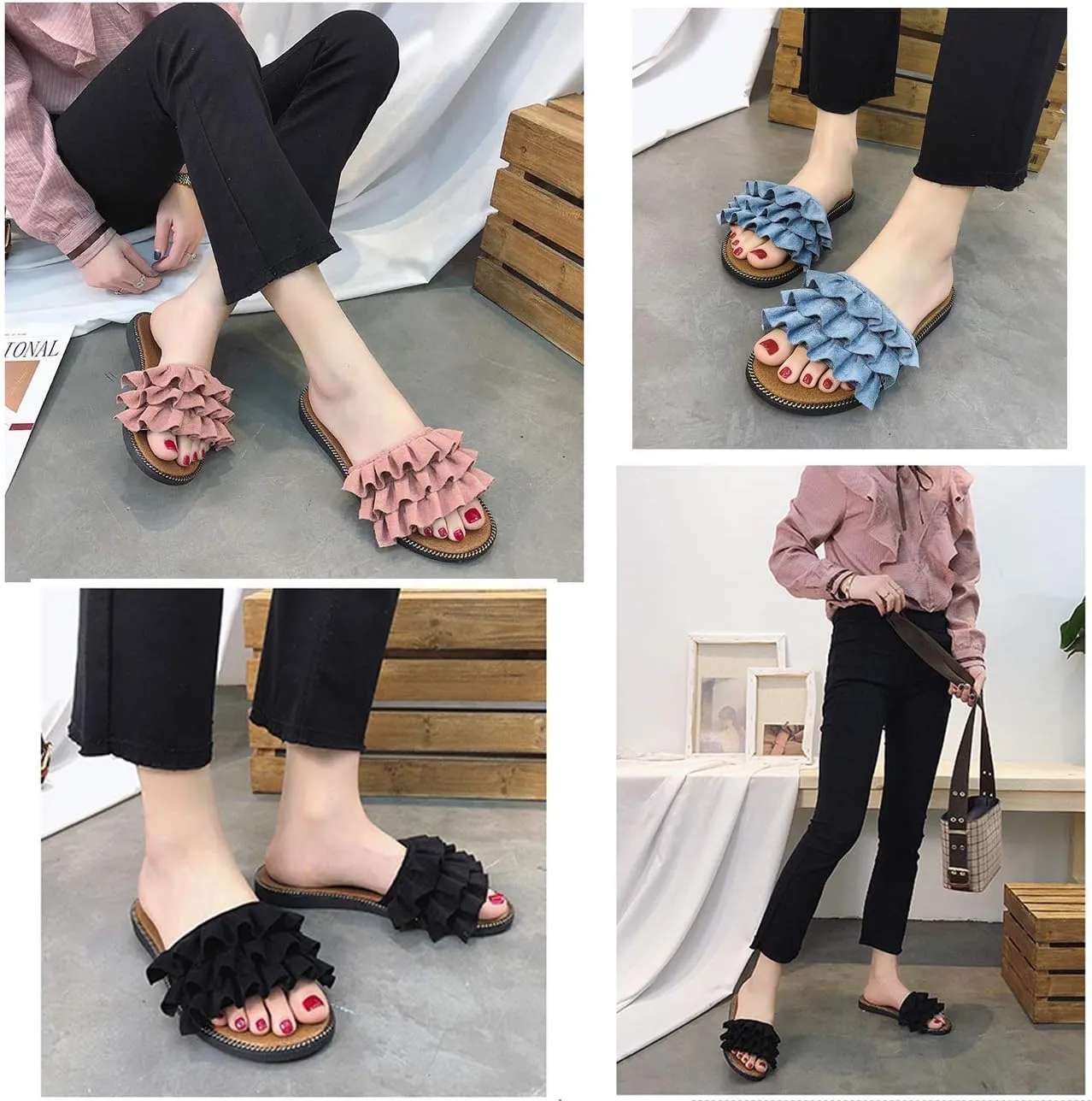 xsby Womens Soft Open Toe Slip on Flat Slide Sandals