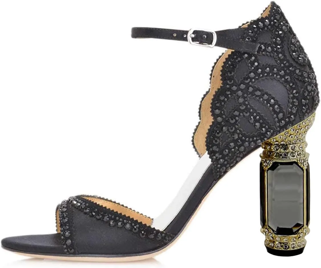 XYD Women Bridal Evening Heels Open Toe Rhinestone Studs Block High Heeled Sandals Ankle Strap Elegant Shoes for Wedding Party Dinner