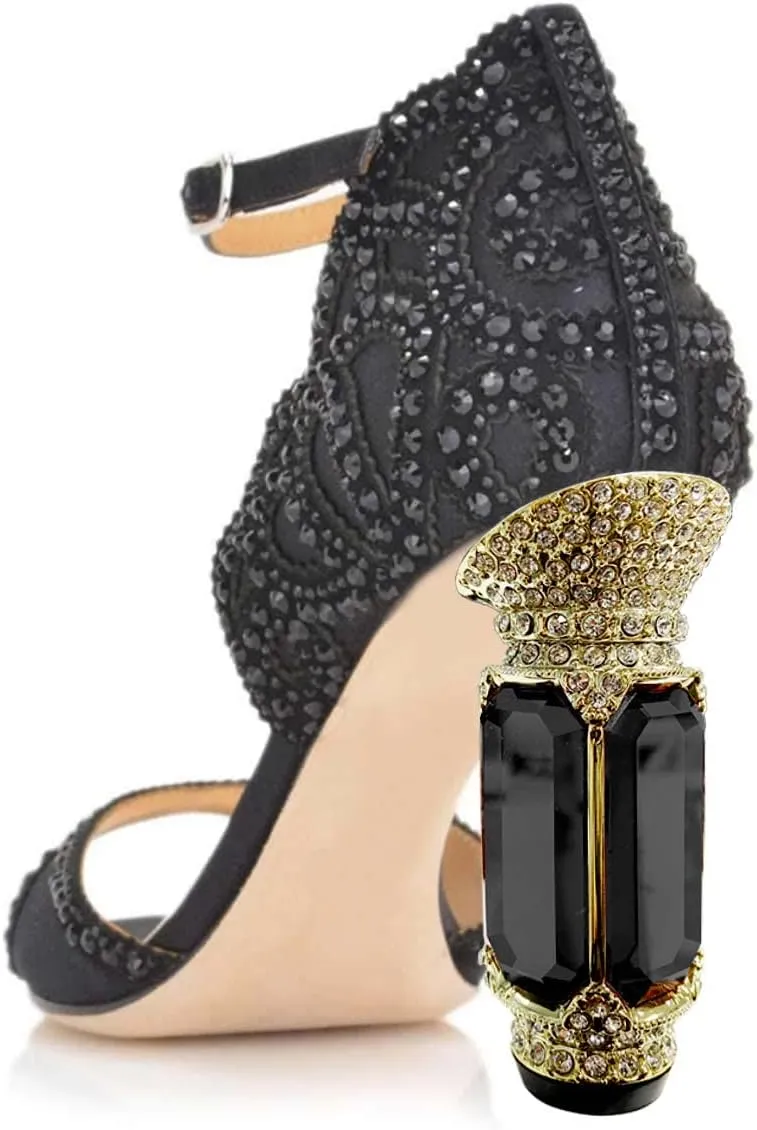 XYD Women Bridal Evening Heels Open Toe Rhinestone Studs Block High Heeled Sandals Ankle Strap Elegant Shoes for Wedding Party Dinner