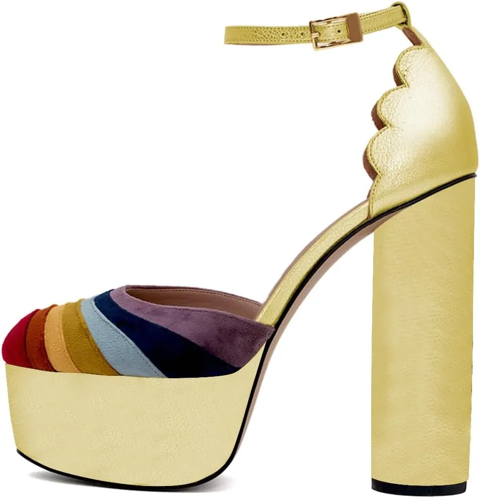 XYD Women Colorful Closed Almond Toe Platform Pumps Block High Heel Ankle Strap Waved Party Shoes