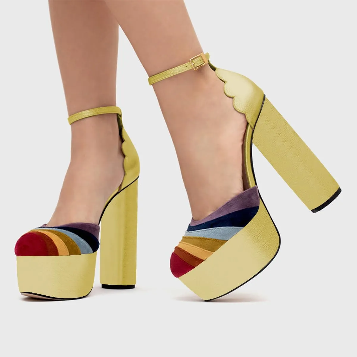 XYD Women Colorful Closed Almond Toe Platform Pumps Block High Heel Ankle Strap Waved Party Shoes