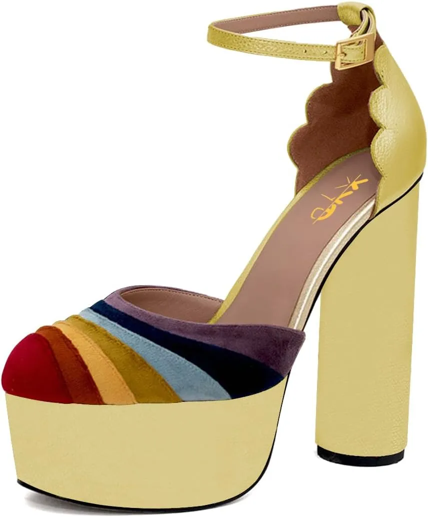 XYD Women Colorful Closed Almond Toe Platform Pumps Block High Heel Ankle Strap Waved Party Shoes