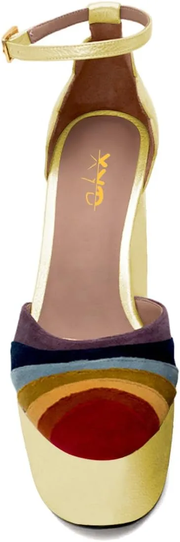 XYD Women Colorful Closed Almond Toe Platform Pumps Block High Heel Ankle Strap Waved Party Shoes