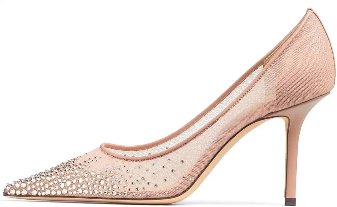 XYD Women Elegant High Heel Pumps Rhinestones Crystals Mesh Slip On Pointed Toe Evening Bridal Shoes