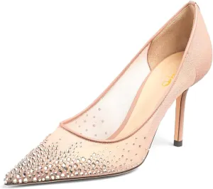 XYD Women Elegant High Heel Pumps Rhinestones Crystals Mesh Slip On Pointed Toe Evening Bridal Shoes