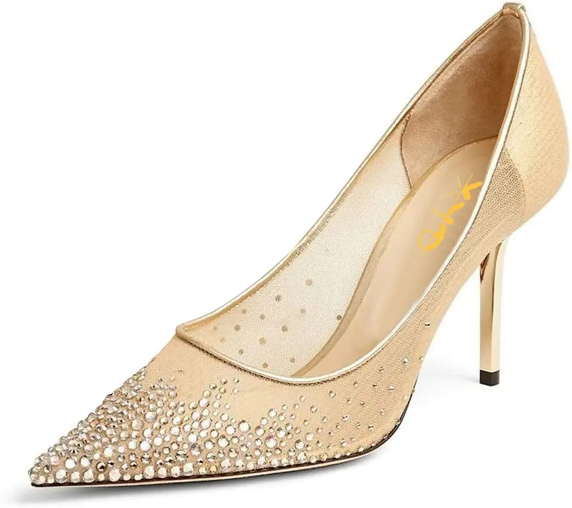 XYD Women Elegant High Heel Pumps Rhinestones Crystals Mesh Slip On Pointed Toe Evening Bridal Shoes