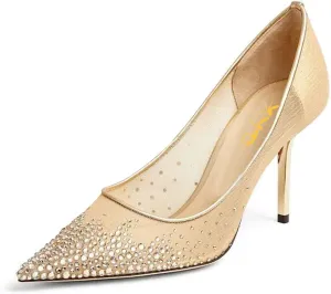 XYD Women Elegant High Heel Pumps Rhinestones Crystals Mesh Slip On Pointed Toe Evening Bridal Shoes