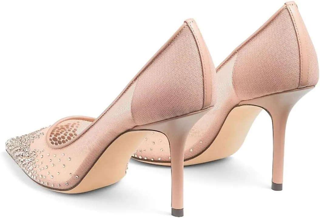 XYD Women Elegant High Heel Pumps Rhinestones Crystals Mesh Slip On Pointed Toe Evening Bridal Shoes