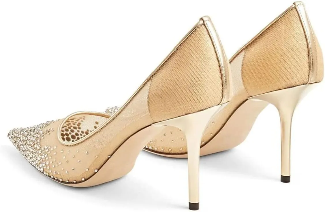 XYD Women Elegant High Heel Pumps Rhinestones Crystals Mesh Slip On Pointed Toe Evening Bridal Shoes