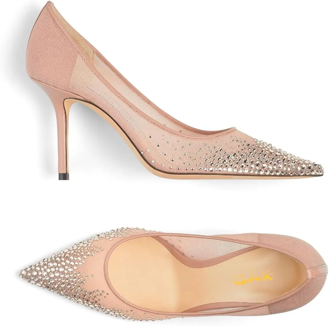 XYD Women Elegant High Heel Pumps Rhinestones Crystals Mesh Slip On Pointed Toe Evening Bridal Shoes