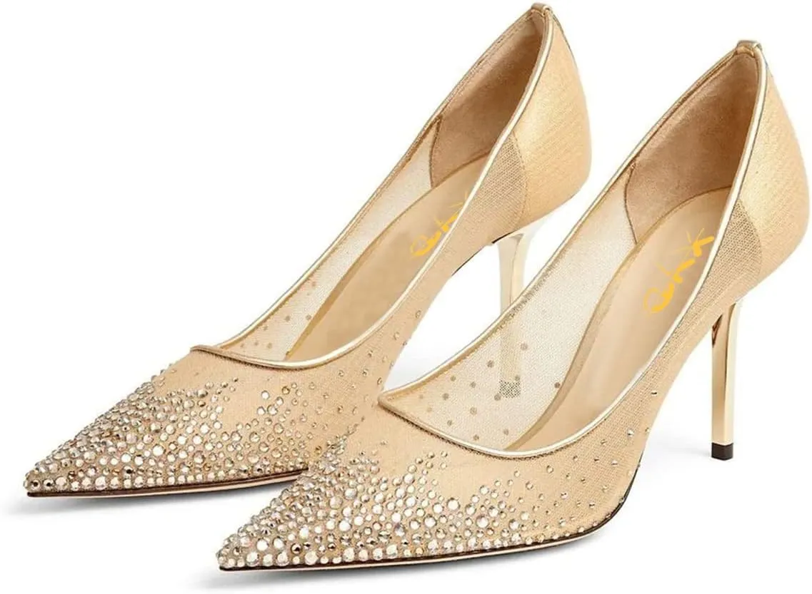 XYD Women Elegant High Heel Pumps Rhinestones Crystals Mesh Slip On Pointed Toe Evening Bridal Shoes