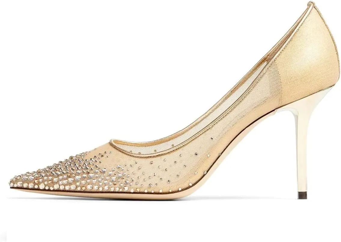XYD Women Elegant High Heel Pumps Rhinestones Crystals Mesh Slip On Pointed Toe Evening Bridal Shoes