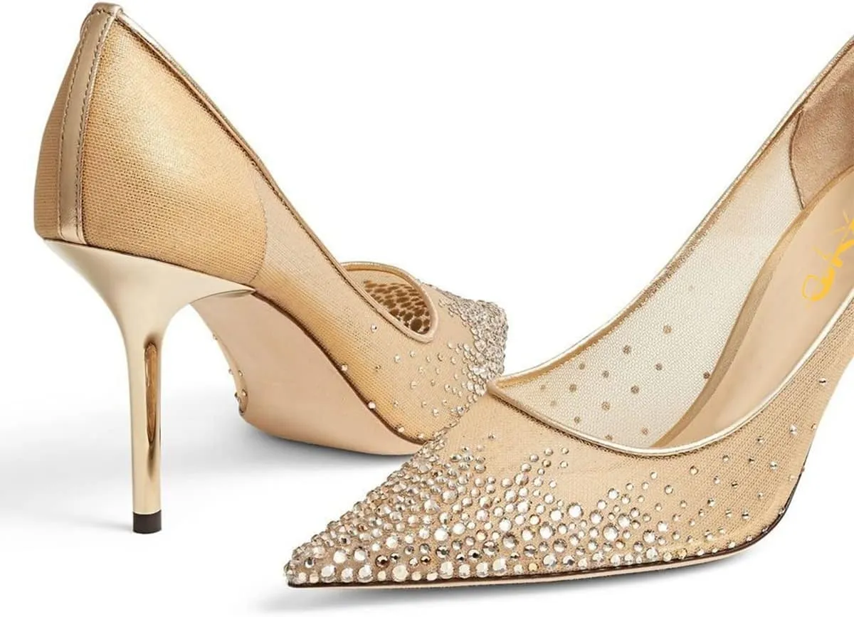 XYD Women Elegant High Heel Pumps Rhinestones Crystals Mesh Slip On Pointed Toe Evening Bridal Shoes
