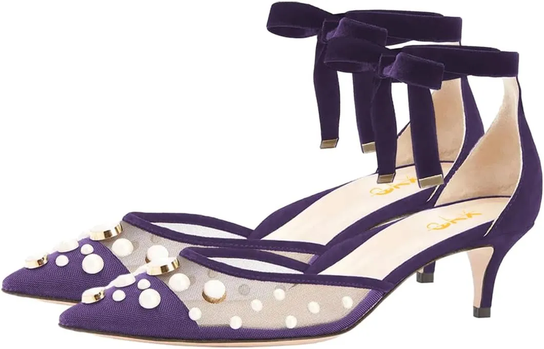 XYD Women Elegant Kitten Heel Mesh D'Orsay Velvet Ankle Strap Pumps Pointed Toe Cap Pearls Beaded Comfort Wedding Bridal Party Dress Shoes