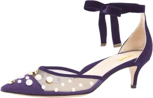 XYD Women Elegant Kitten Heel Mesh D'Orsay Velvet Ankle Strap Pumps Pointed Toe Cap Pearls Beaded Comfort Wedding Bridal Party Dress Shoes