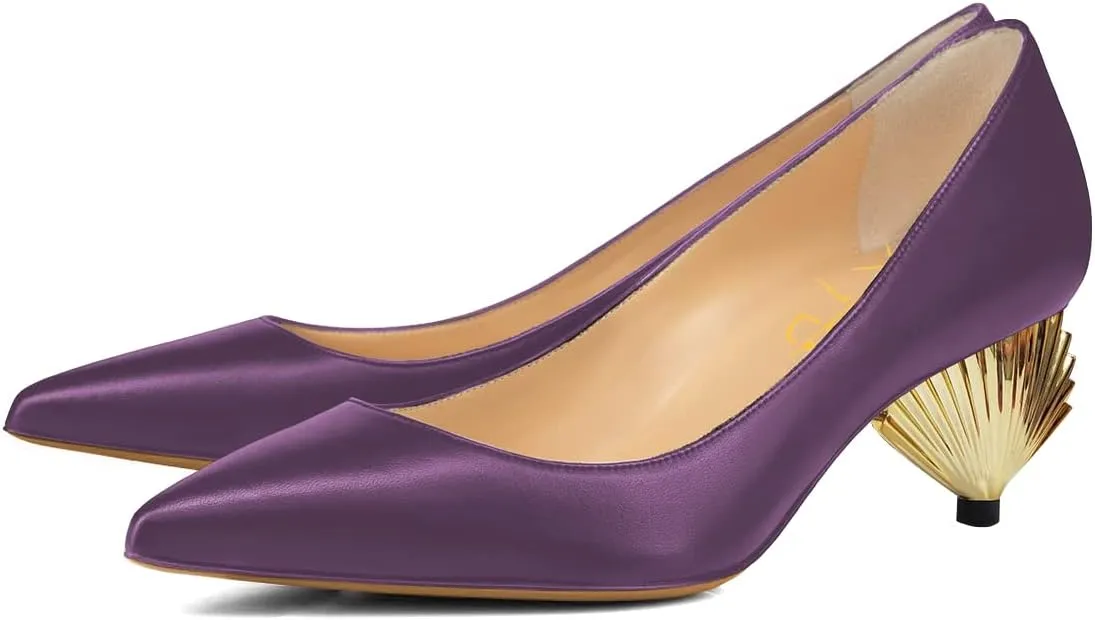 XYD Women Elegant Mid Scallop Shape Heel Slip On Closed Pointy Toe Pumps Party Event Office Work Shoes