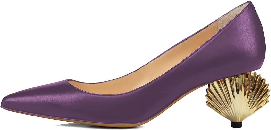 XYD Women Elegant Mid Scallop Shape Heel Slip On Closed Pointy Toe Pumps Party Event Office Work Shoes