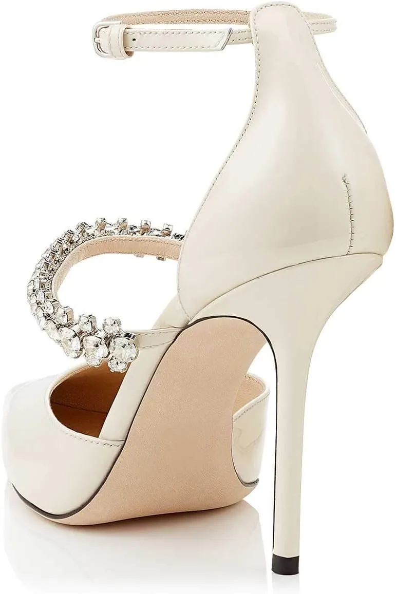 XYD Women Elegant Pointed Toe Ankle Strap Pumps Stiletto High Heels Wedding Bride Dress Shoes with Rhinestones Strap