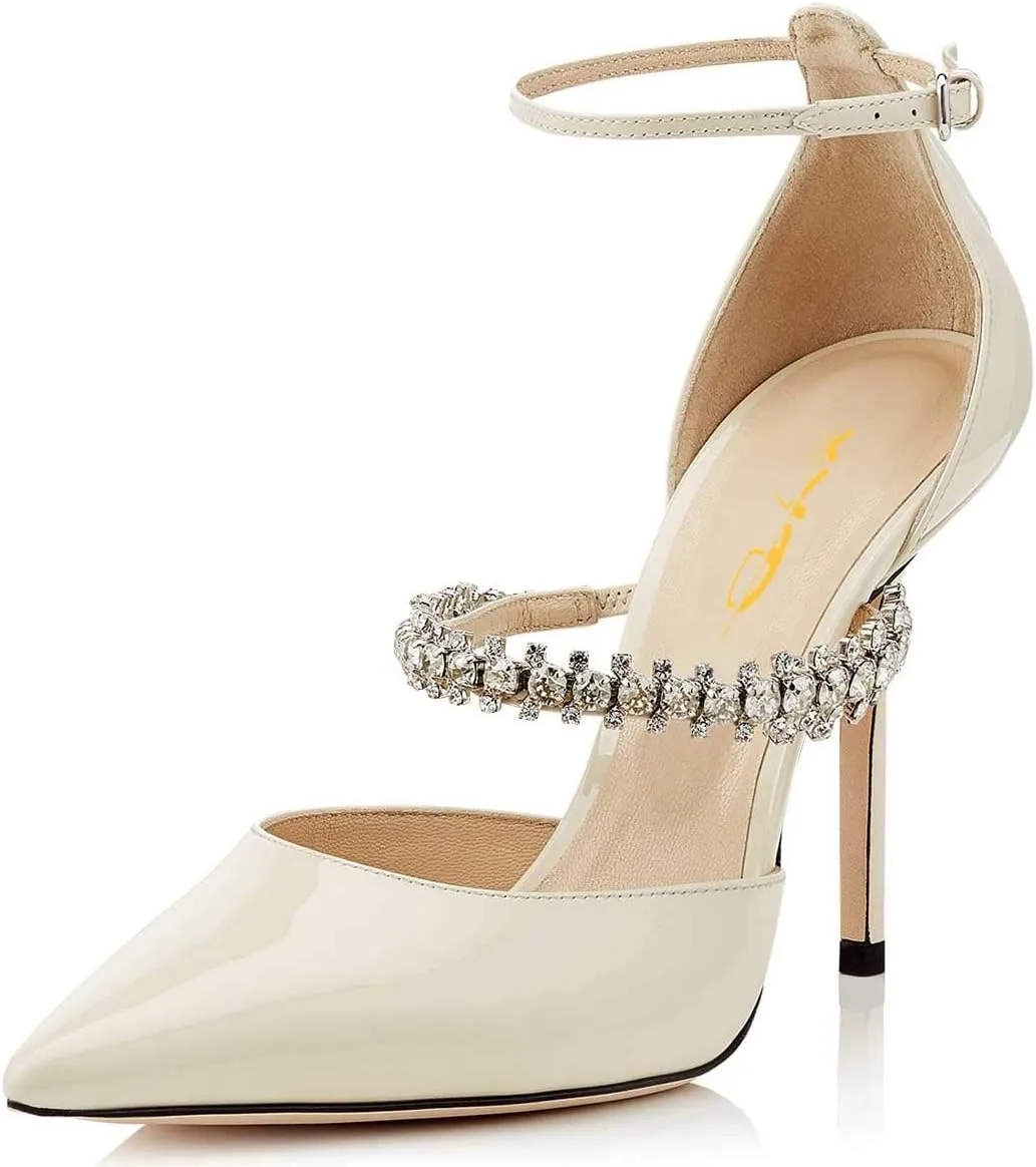 XYD Women Elegant Pointed Toe Ankle Strap Pumps Stiletto High Heels Wedding Bride Dress Shoes with Rhinestones Strap