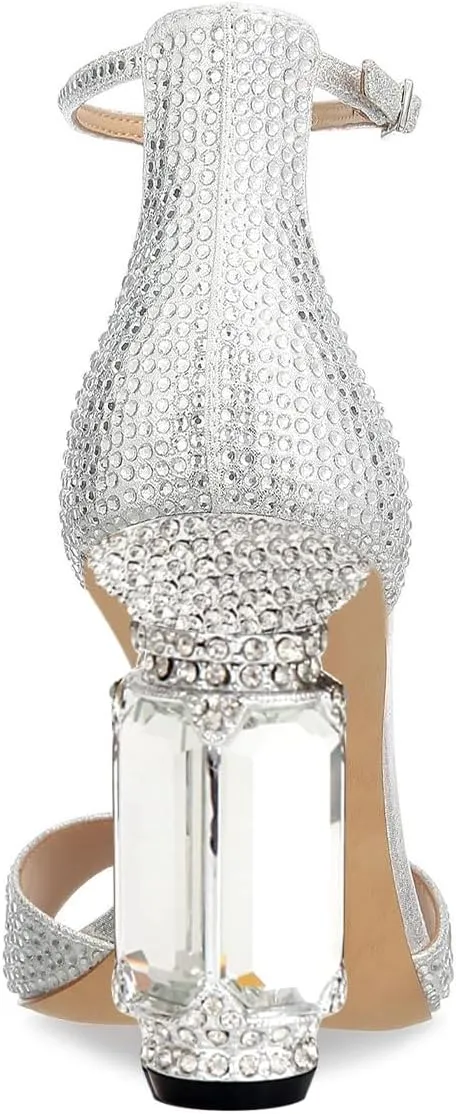 XYD Women Elegant T-Bar Sandals Open Toe Dazzling Crystal Studs Ankle Strap Block High Heels Evening Shoes