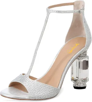 XYD Women Elegant T-Bar Sandals Open Toe Dazzling Crystal Studs Ankle Strap Block High Heels Evening Shoes