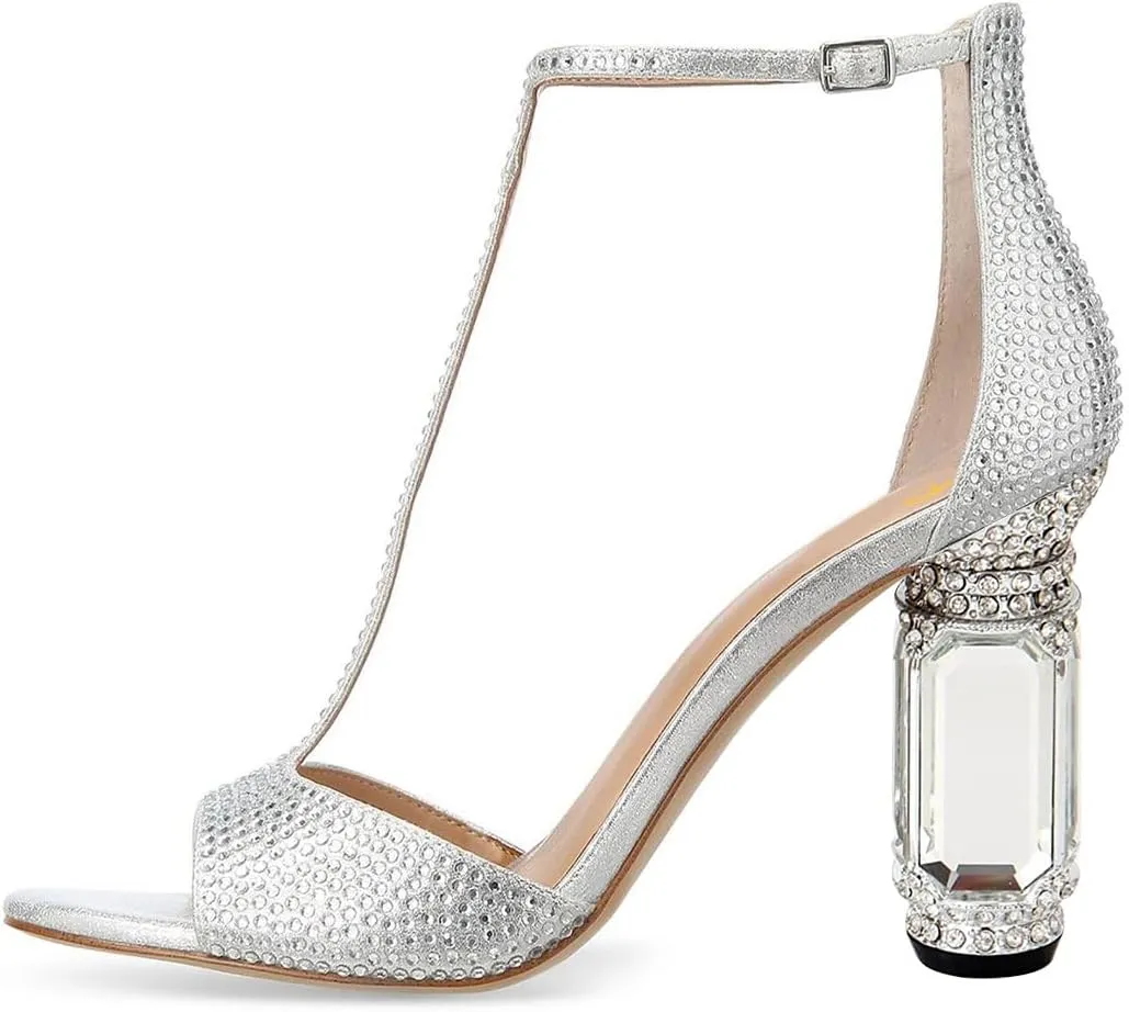 XYD Women Elegant T-Bar Sandals Open Toe Dazzling Crystal Studs Ankle Strap Block High Heels Evening Shoes